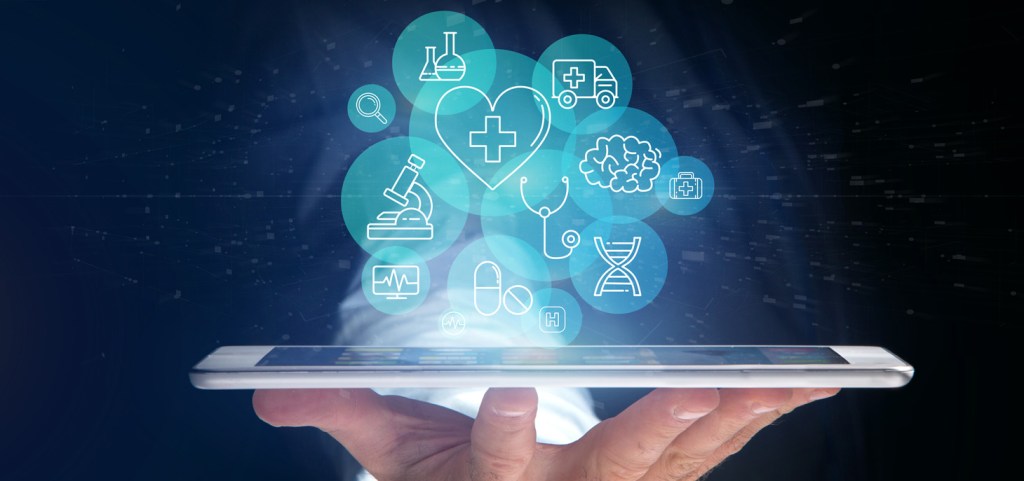 Mobile phone with different health symbols floating around it.